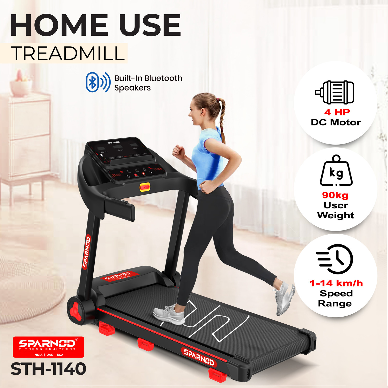 Image of Sparnod Fitness STH-1140 Treadmill for Home Use, 4 HP Peak Motor, 1-14 km /h Speed, LED Display Treadmill (Max Weight:90 kg)