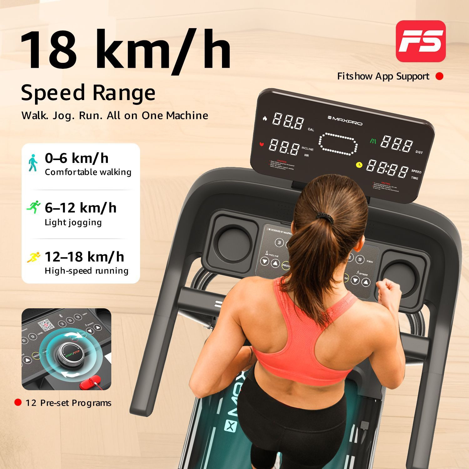 Image of Maxpro PTA450M 6HP PEAK BLDC Motor, 18 km /h Speed 16 Level Auto Incline multifunctional Treadmill (Max Weight:130 kg)