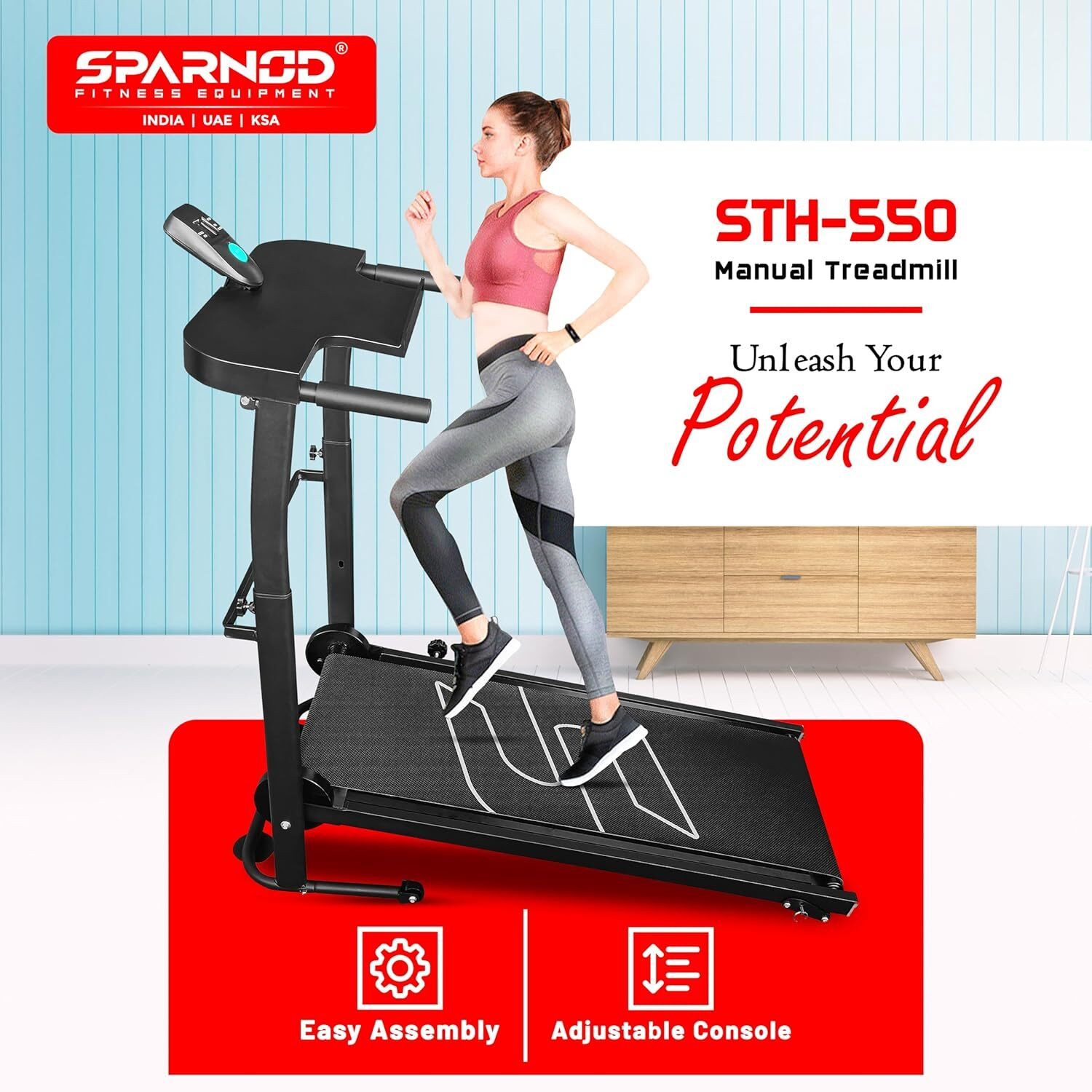 Image of Sparnod Fitness STH 550 Manual Foldable Treadmill For Home Use, 5-Layer Anti-Skid Belt Treadmill (Max Weight:100 kg)