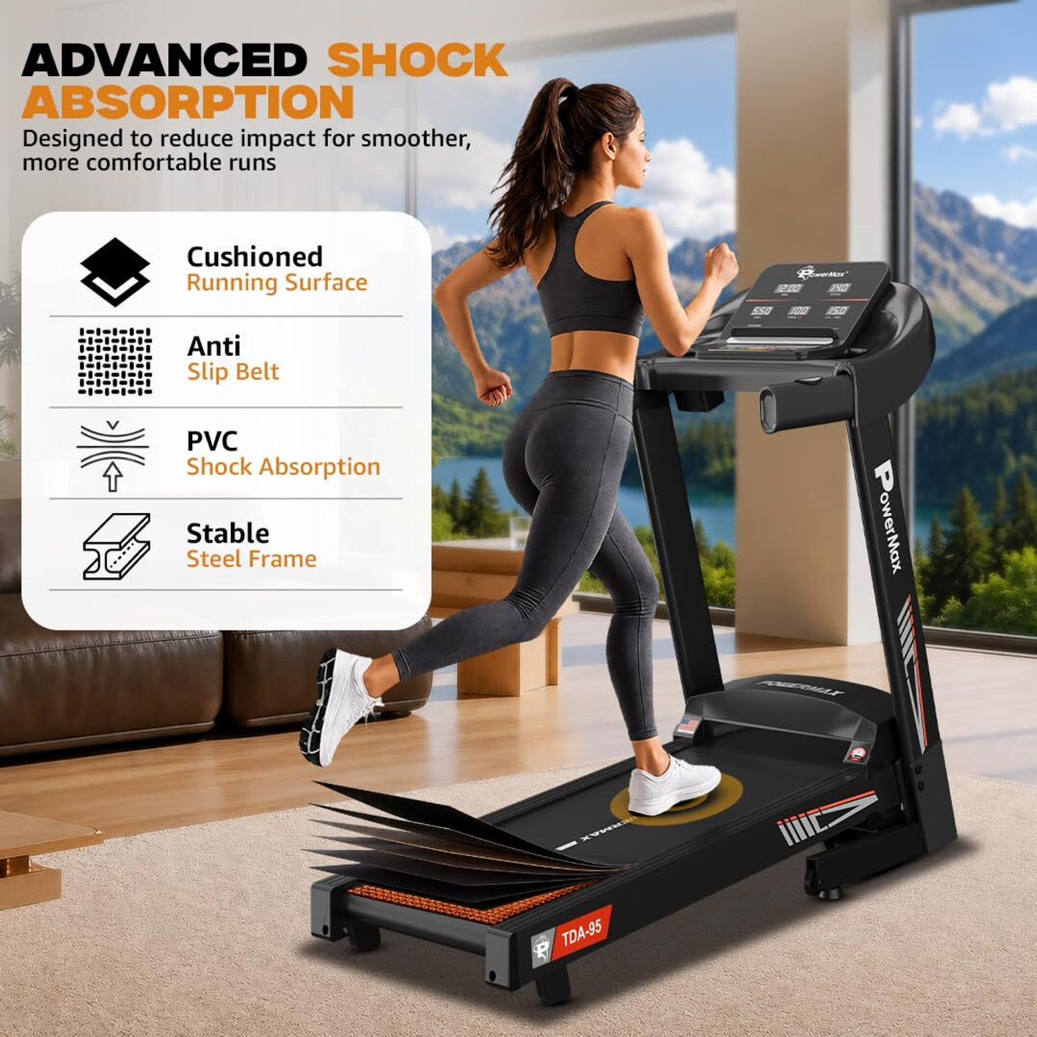 Image of Powermax Fitness TDA-95 4HP DC Motor 15-Level Auto Incline with Shock Absorp LED Display for Home Treadmill (Max Weight:110 kg)
