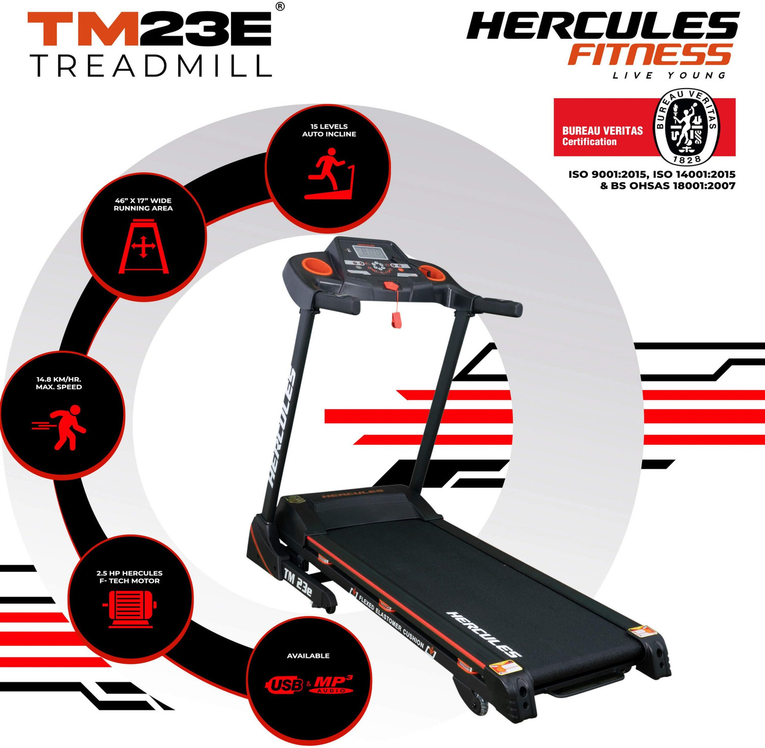 Image of Hercules Fitness Treadmill 1.25 /2.5 HP DC-Manual Elevation-Foldable-With Mp3 Player Treadmill (Max Weight:100 kg)