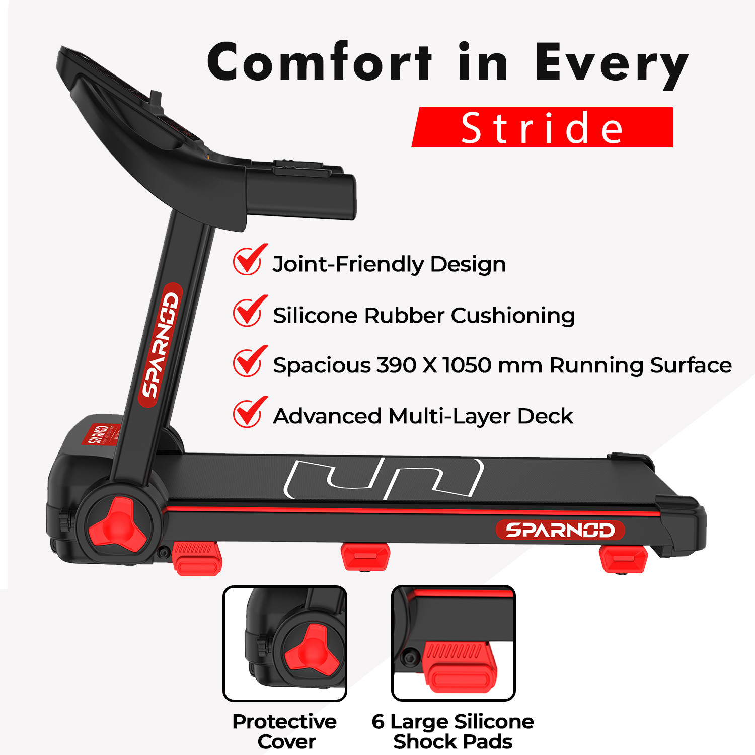 Image of Sparnod Fitness STH-1140 Treadmill for Home Use, 4 HP Peak Motor, 1-14 km /h Speed, LED Display Treadmill (Max Weight:90 kg)