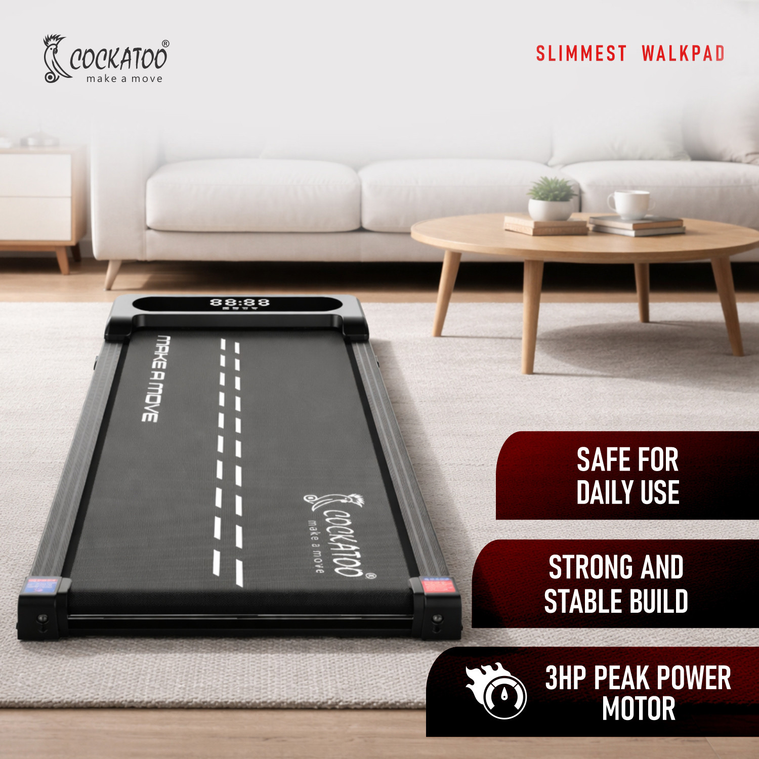 Image of COCKATOO 6AF Slimmest Walking Pad For Home 3 HP Peak, 6km /hr, Max User Weight 100 Kg Treadmill (Max Weight:100 kg)