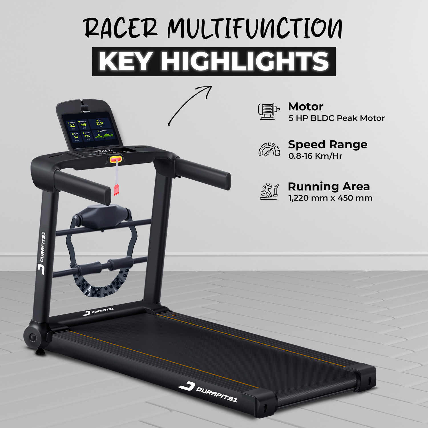 Image of Durafit91 Racer Multifunction 5 HP Peak BLDC | 120 Kg User Weight| 16 Km /Hr Max Speed Treadmill (Max Weight:120 kg)