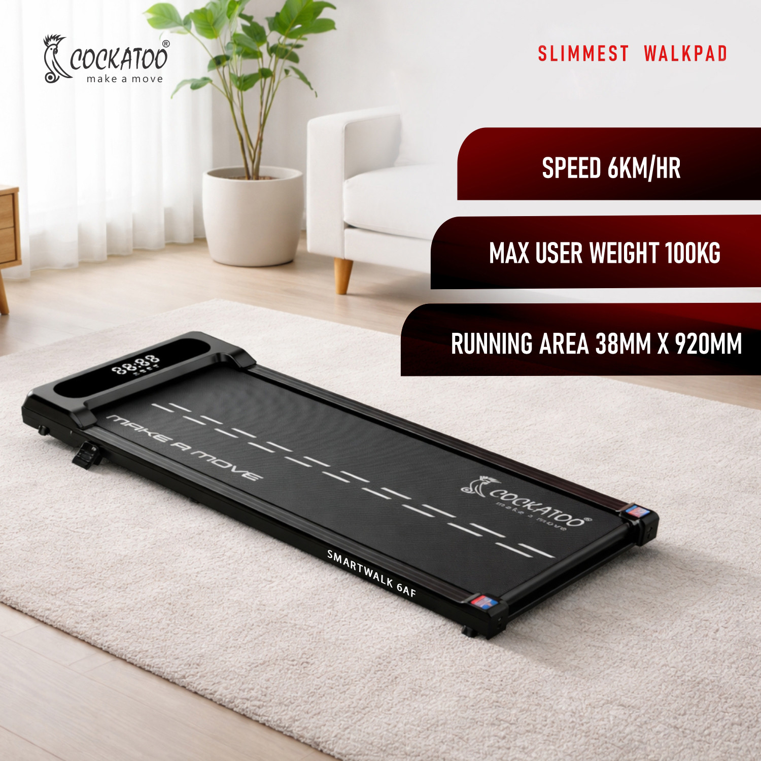 Image of COCKATOO 6AF Slimmest Walking Pad For Home 3 HP Peak, 6km /hr, Max User Weight 100 Kg Treadmill (Max Weight:100 kg)