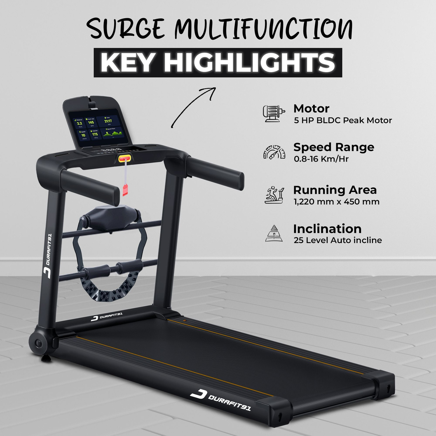 Image of Durafit91 Surge Multifunction 5HP Peak 140Kg Max Weight| 25-Auto Incline 16km Speed BLDC Treadmill (Max Weight:140 kg)