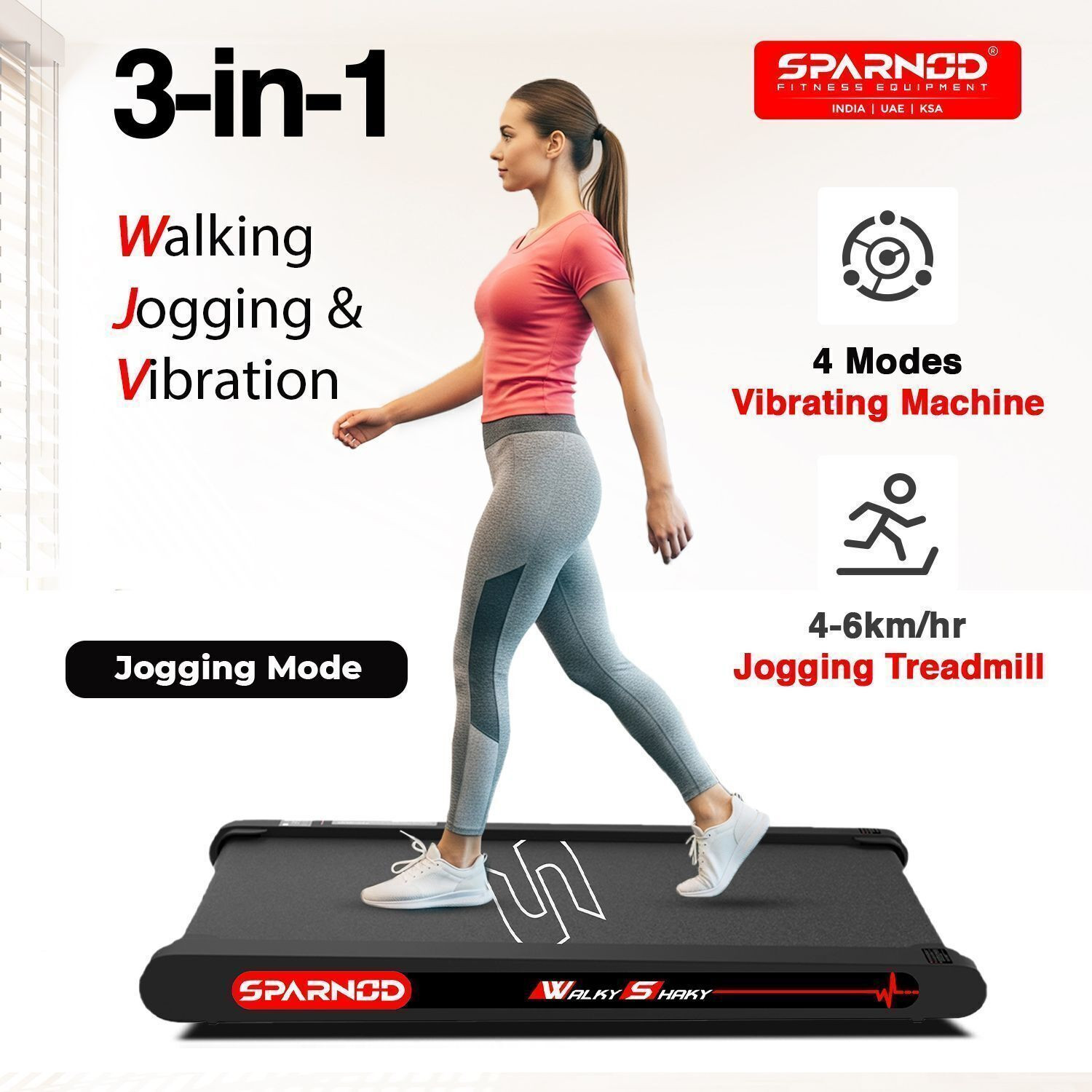 Image of Sparnod Fitness WalkyShaky Vibration Walking Pad Treadmill for Home Use with 4 Modes 2.5HP Motor Treadmill (Max Weight:120 kg)