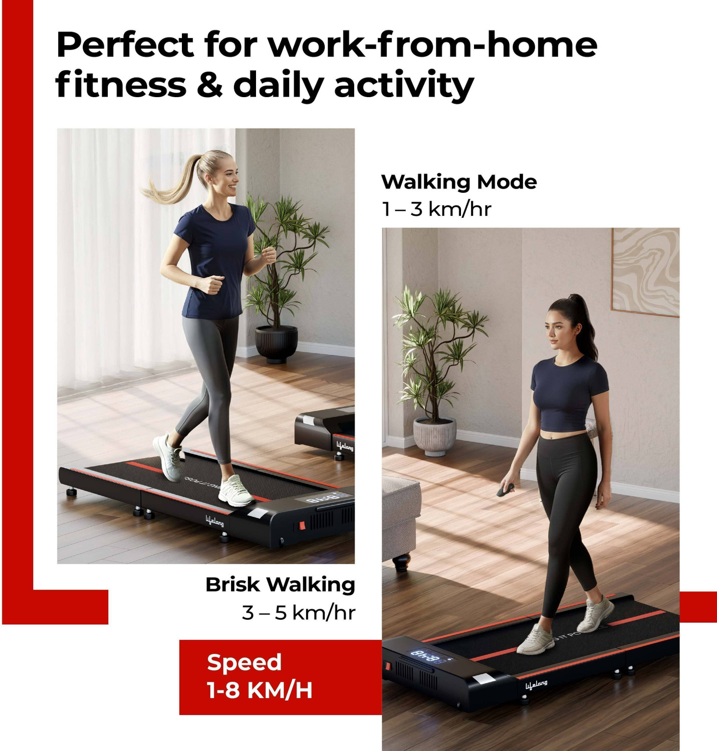 Image of Lifelong Motorized Foldable Walking Pad for Home | Compact Treadmill, 8km /hr Speed Treadmill (Max Weight:110 kg)