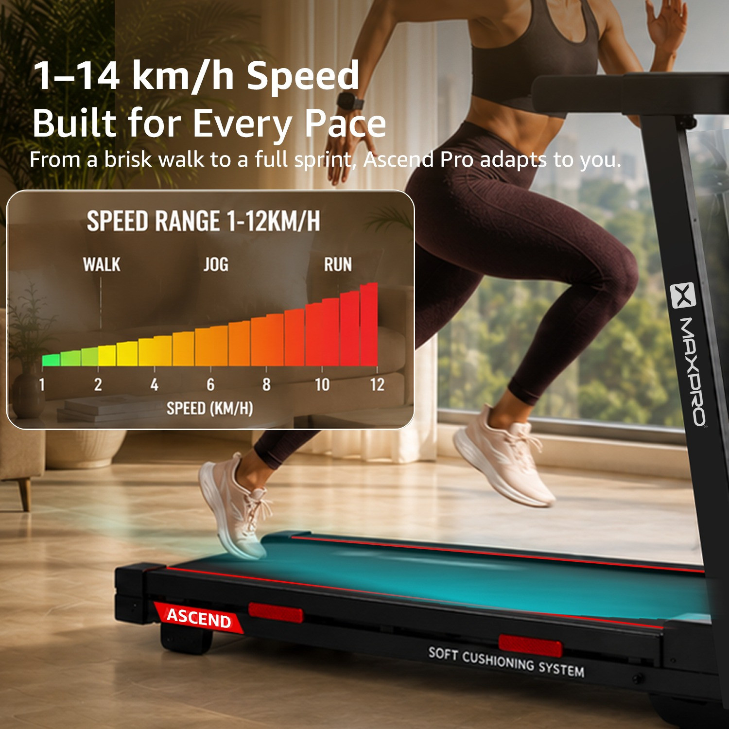 Image of Maxpro PTA230 5HP BLDC Motor, 14 km /h, Max Weight 120Kg, 15 Level Auto Incline, Home Treadmill (Max Weight:120 kg)