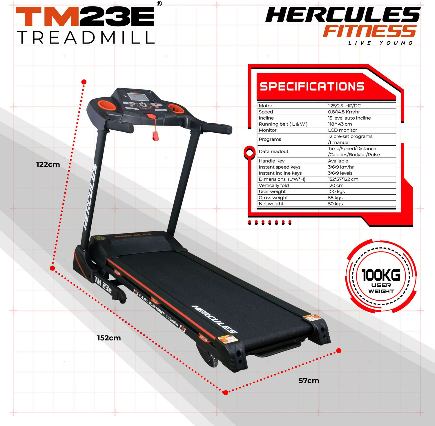 Image of Hercules Fitness Treadmill 1.25 /2.5 HP DC-Manual Elevation-Foldable-With Mp3 Player Treadmill (Max Weight:100 kg)