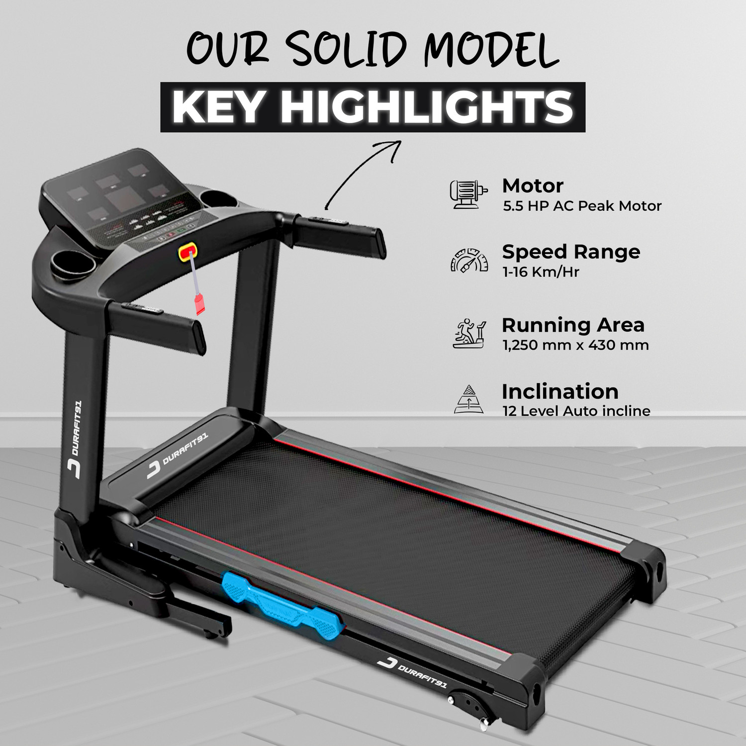 Image of Durafit Solid 5.5HP Peak AC 130Kg User Weight |12-Auto Incline |16km Speed | Foldable Treadmill (Max Weight:130 kg)
