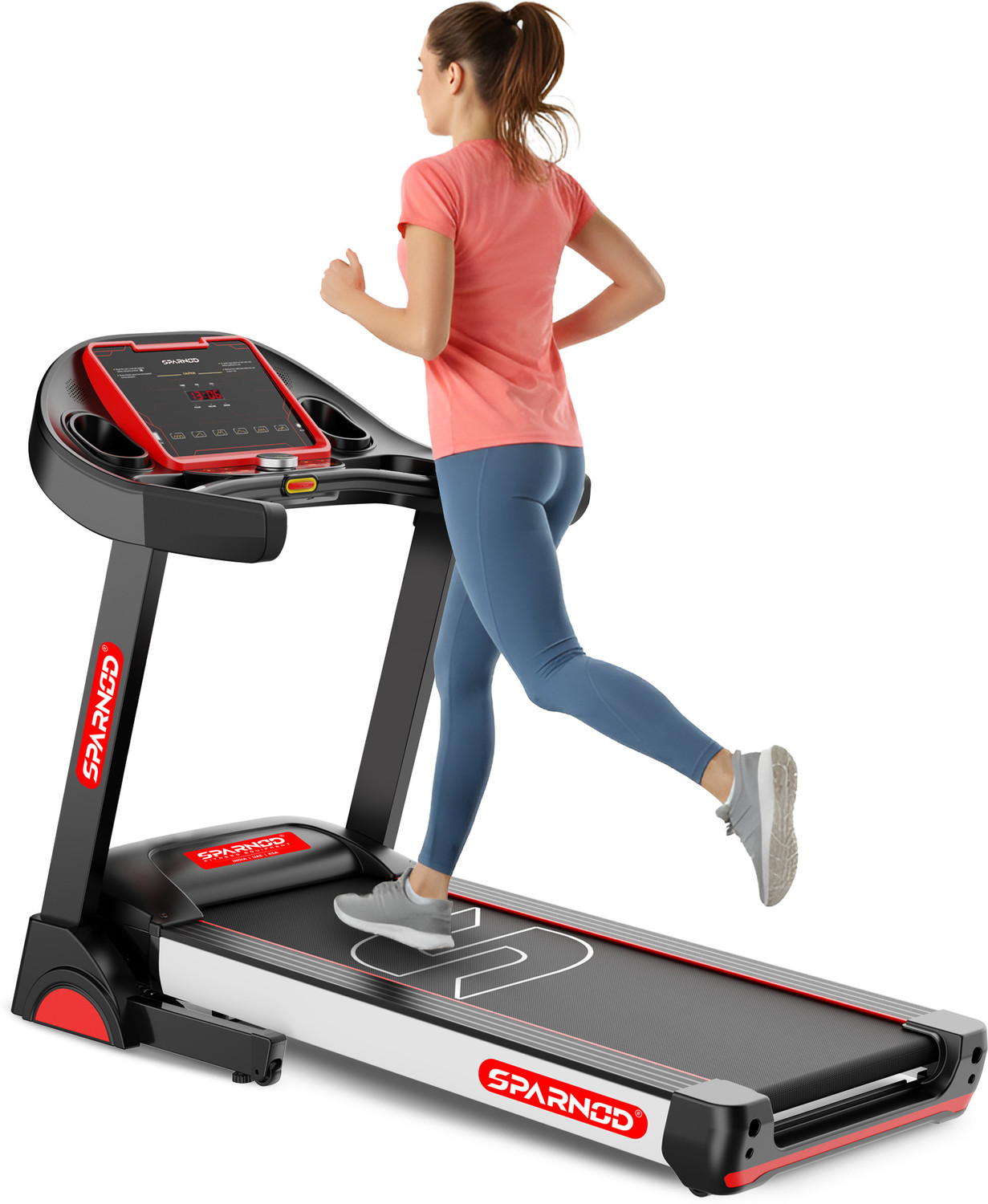 Image of Sparnod Fitness STH-4300 Foldable, 5HP Motor, 1-14 km /h, 15% Incline, 12 Programs, LED, USB Treadmill (Max Weight:120 kg)