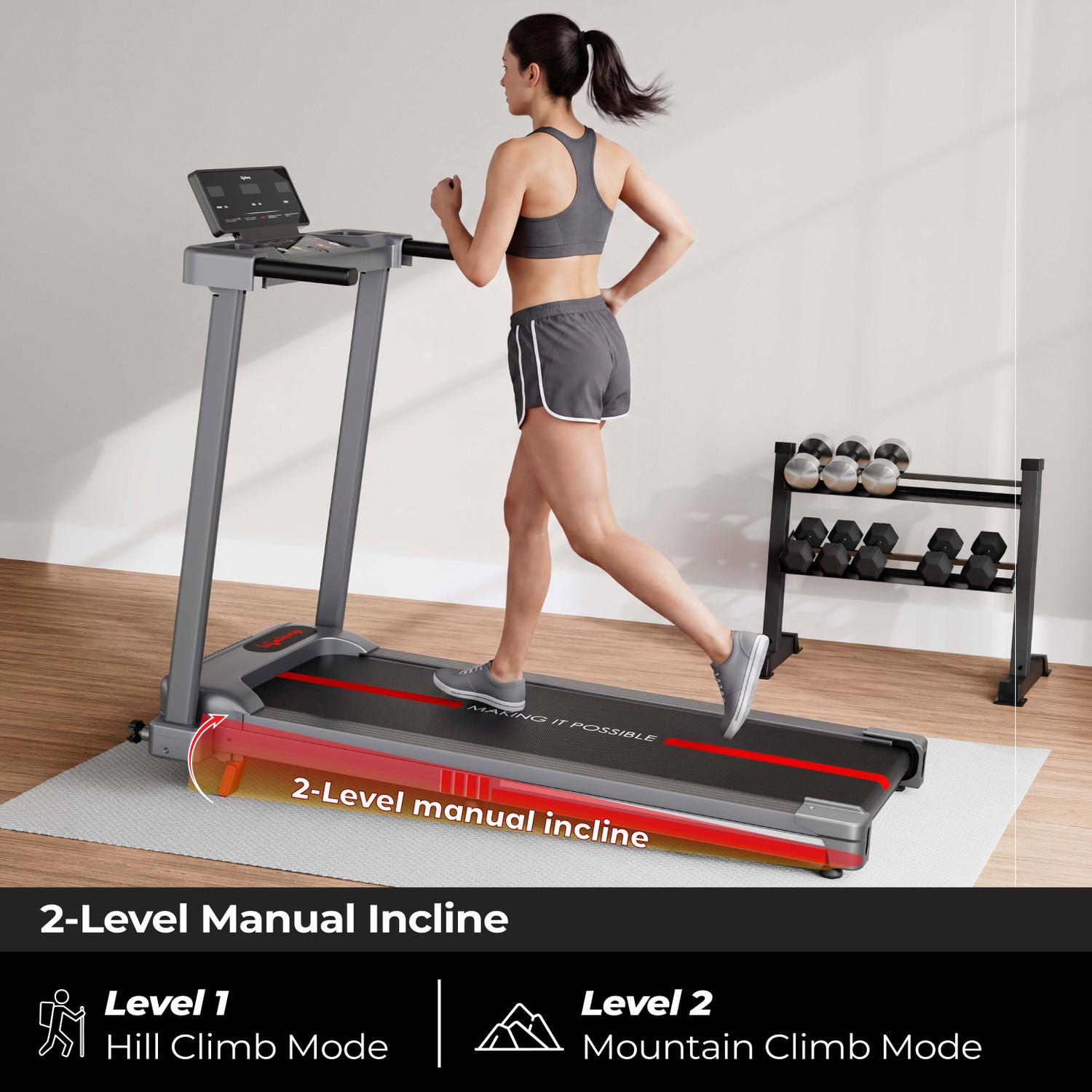 Image of Lifelong 4.5HP Motorized Treadmill for Home | Manual Incline 2 Level | Foldable Handle Treadmill (Max Weight:100 kg)