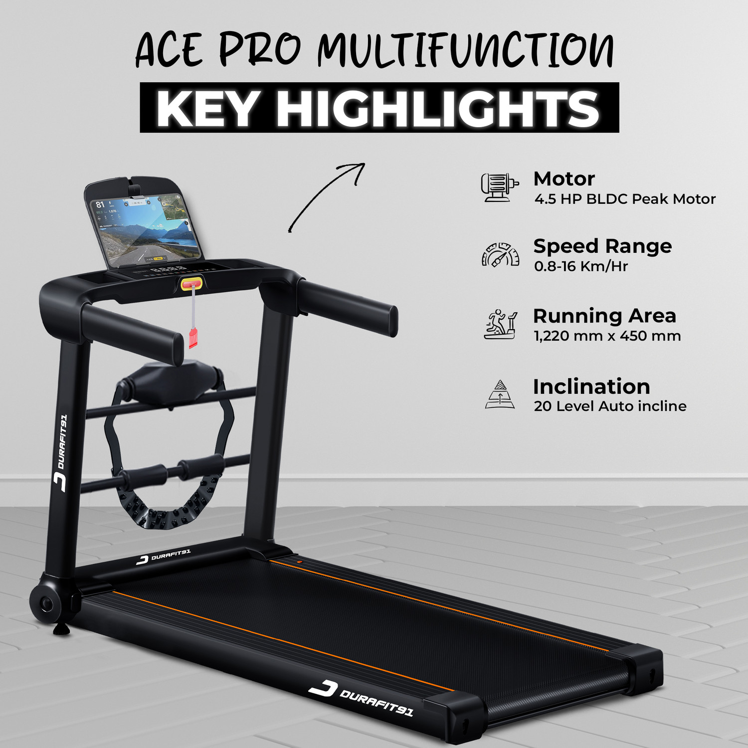 Image of Durafit91 Ace Pro Multifunction 4.5HP Peak BLDC | 16km Speed | 20-Auto Incline | Black Treadmill (Max Weight:120 kg)