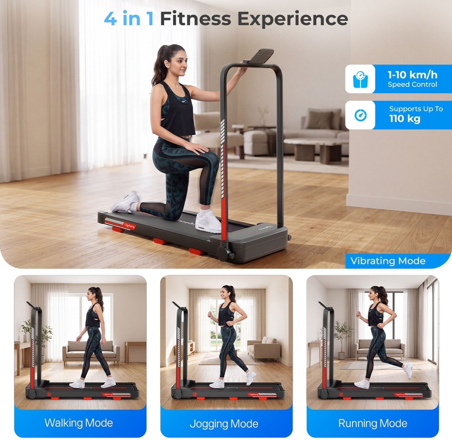 Image of Lifelong Walking Pad Treadmill for Home| 4 HP with Vibration Plate Treadmill (Max Weight:110 kg)
