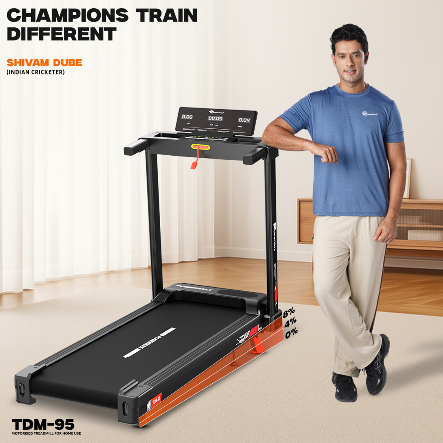 Image of Powermax Fitness TDM-95 4HP BLDC Motor 110KG 8% Manual Incline Shock Absorb for Home Cardio Treadmill (Max Weight:110 kg)