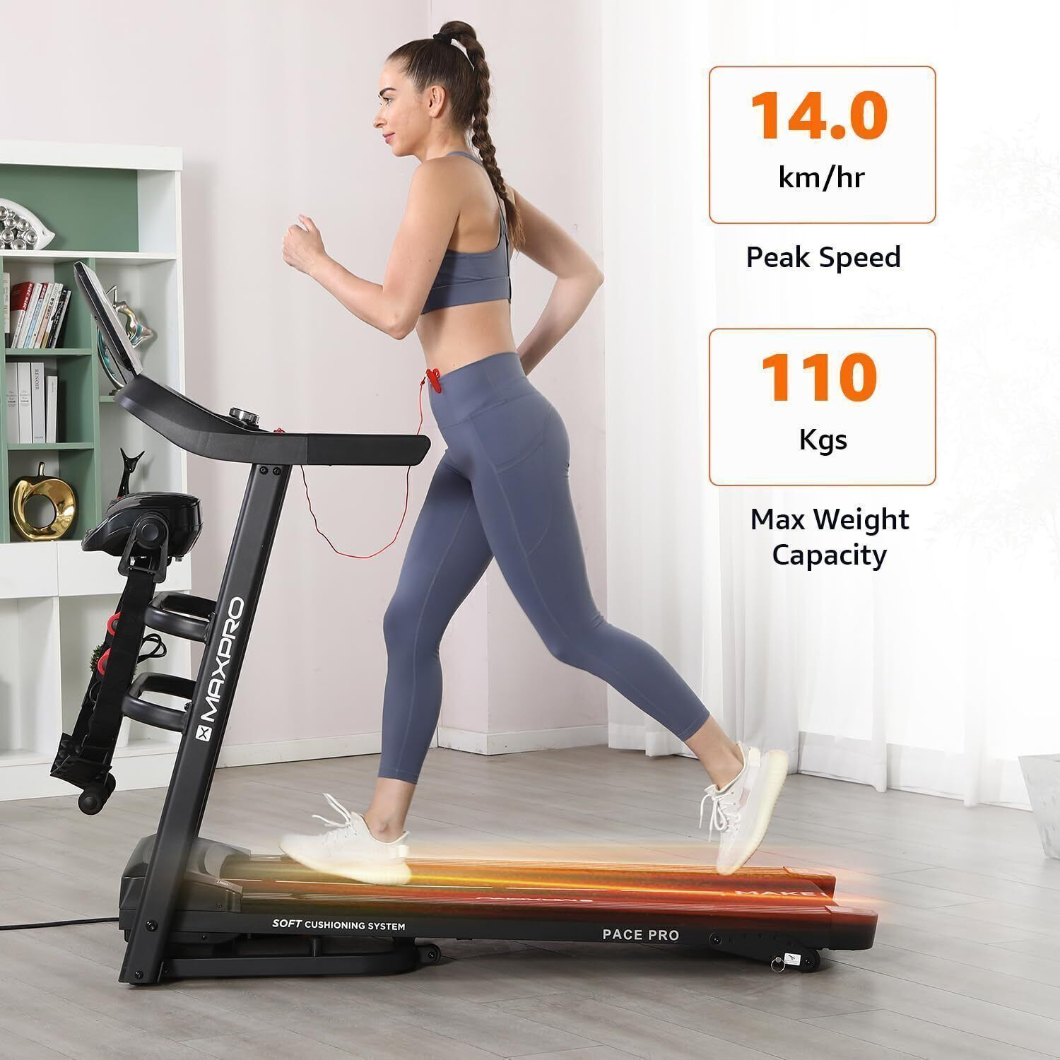 Image of Maxpro PACE PRO 5HP DC Motor, 14Km /h Speed, 6-Level Incline, Folding with Massager Treadmill