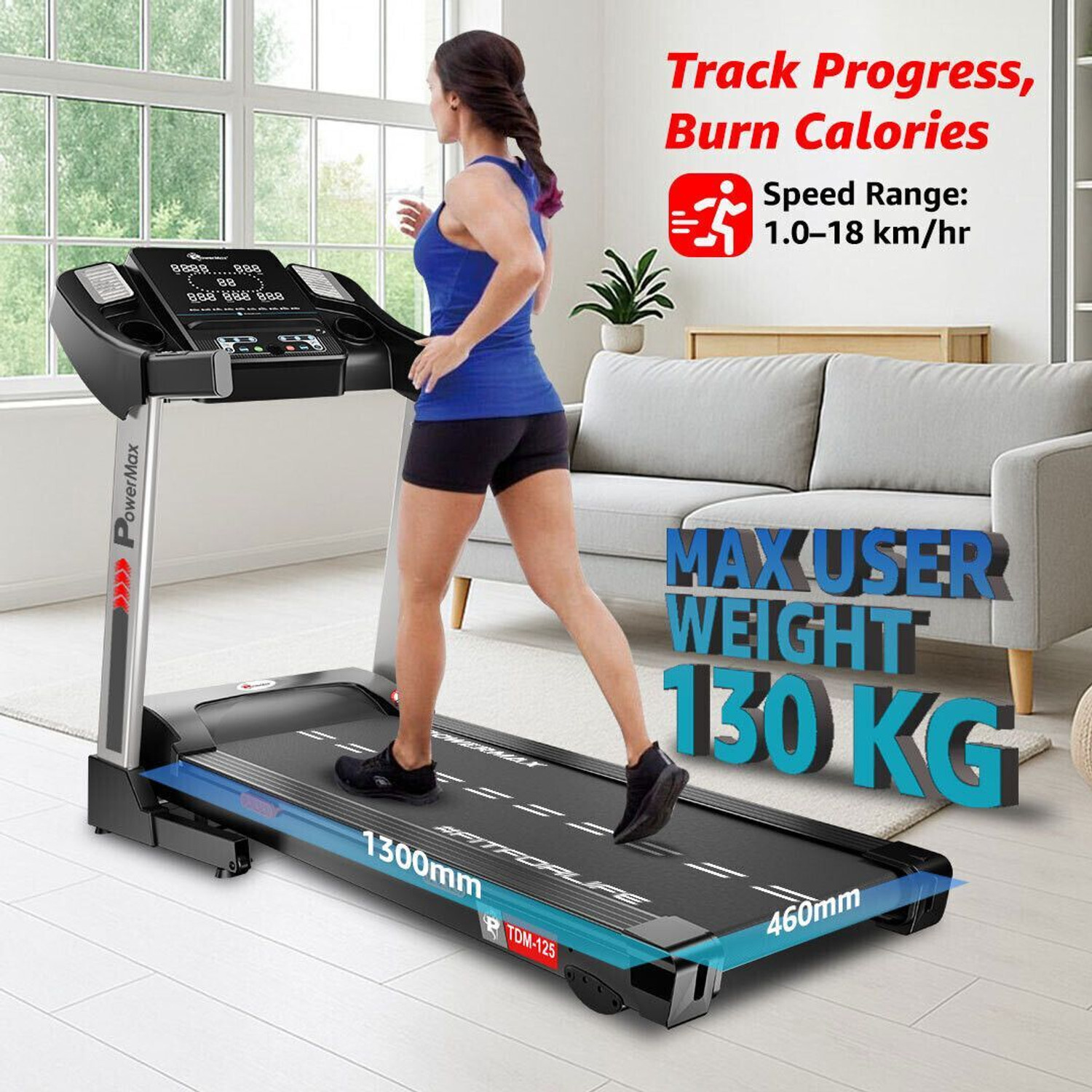 Image of Powermax Fitness TDM-125 5HP DC Motorised Cardio Machine, Speaker, BMI, AUX, Manual Incline Treadmill (Max Weight:130 kg)