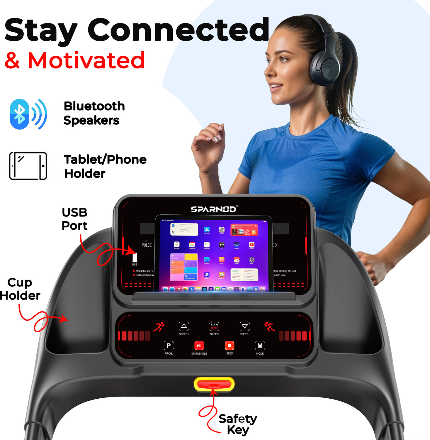 Image of Sparnod Fitness STH-1140 Treadmill for Home Use, 4 HP Peak Motor, 1-14 km /h Speed, LED Display Treadmill (Max Weight:90 kg)