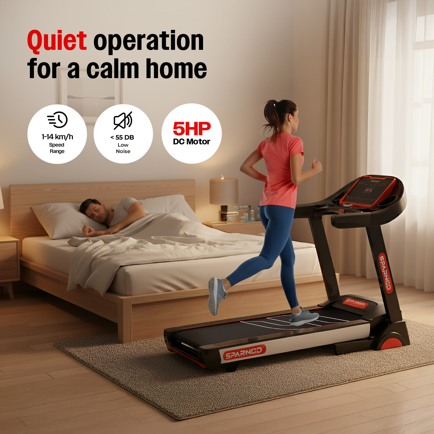 Image of Sparnod Fitness STH-4300 Foldable, 5HP Motor, 1-14 km /h, 15% Incline, 12 Programs, LED, USB Treadmill (Max Weight:120 kg)