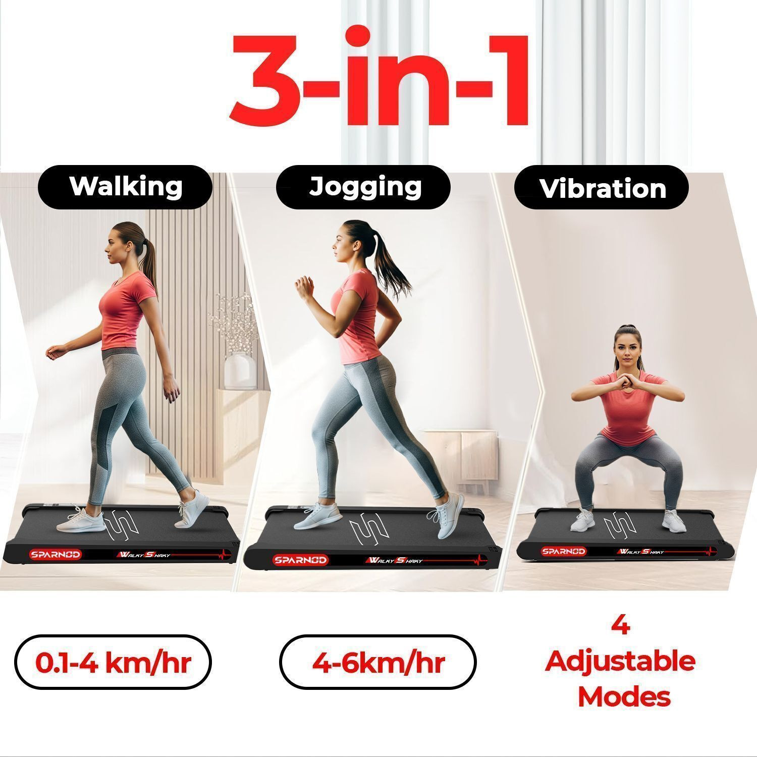 Image of Sparnod Fitness WalkyShaky Vibration Walking Pad Treadmill for Home Use with 4 Modes 2.5HP Motor Treadmill (Max Weight:120 kg)