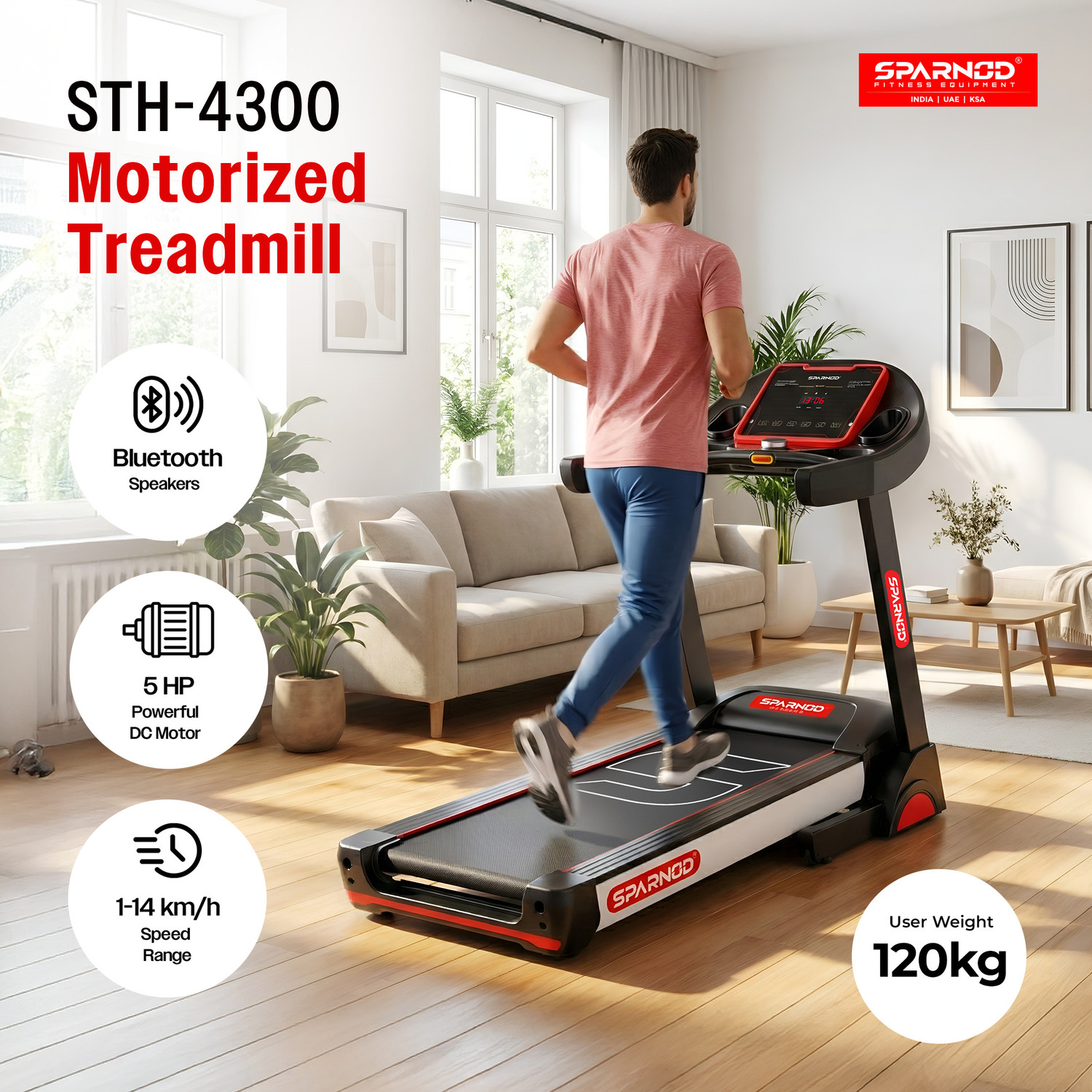 Image of Sparnod Fitness STH-4300 Foldable, 5HP Motor, 1-14 km /h, 15% Incline, 12 Programs, LED, USB Treadmill (Max Weight:120 kg)