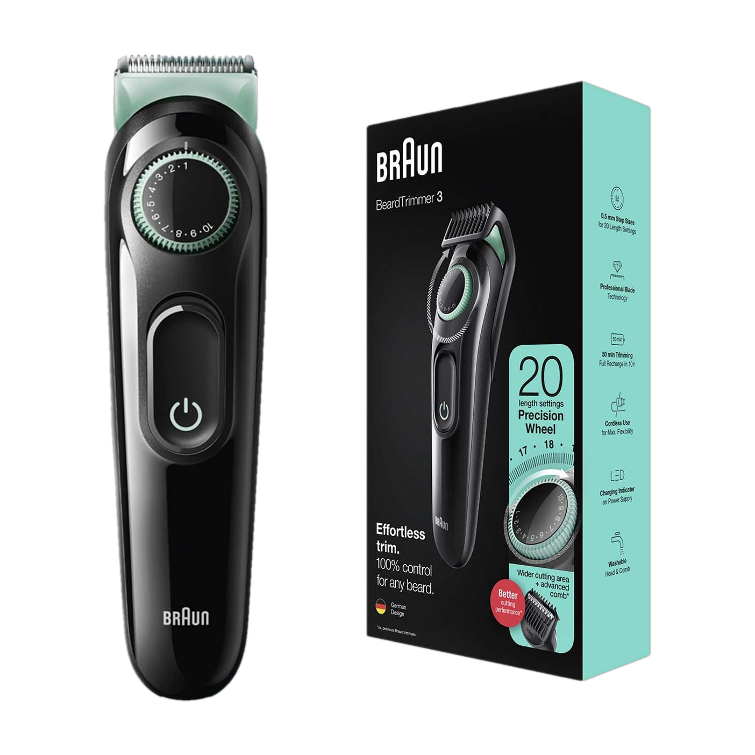 Braun BT3321, Beard Trimmer for Men, 20 Length Settings,Sharp Blades, 50-min Runtime Grooming Kit 50 min Runtime 20 Length Settings