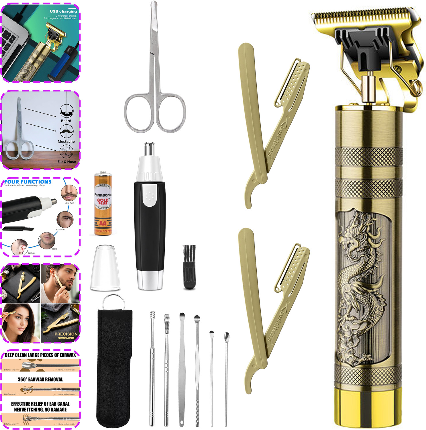 Image of Virth Men's 5 IN1 Stylish Ear Cleaning Kit ,Straight Razor, Nose Scissor, Beard & Nose Trimmer 120 min Runtime 0 Length Settings