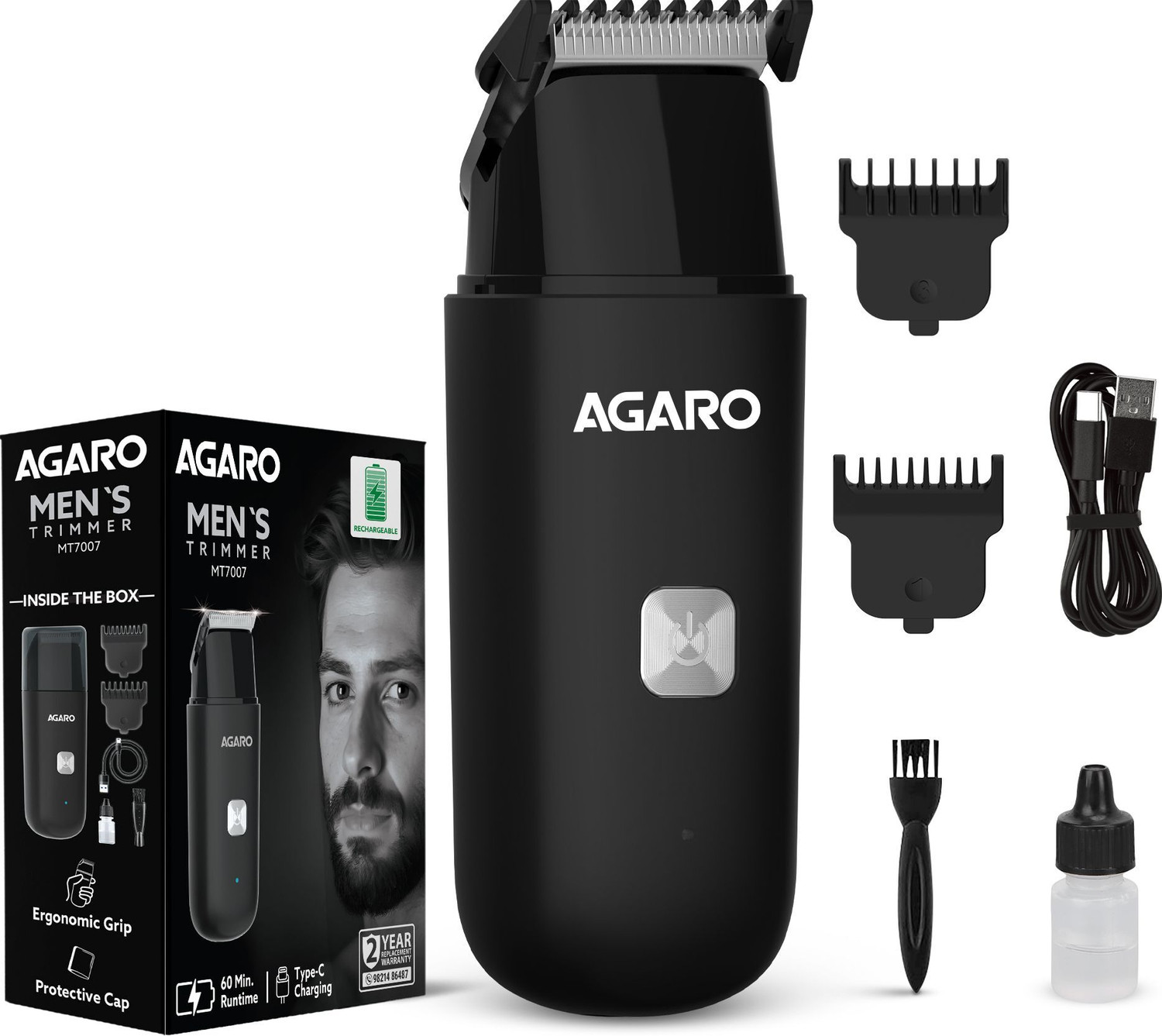 Image of AGARO Beard Trimmer MT7007, 60 mins run time with Type C, 2pcs limit comb Trimmer 60 min Runtime 2 Length Settings