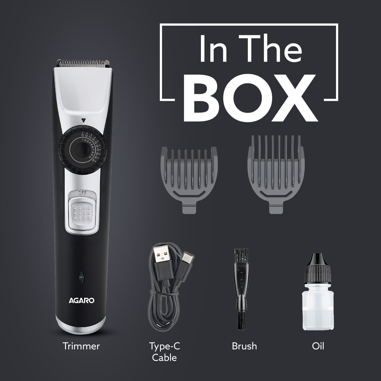 Image of AGARO Beard Trimmer MT1155, 20 Length Settings, USB Rechargeable, Precision Dial Trimmer 90 min Runtime 20 Length Settings