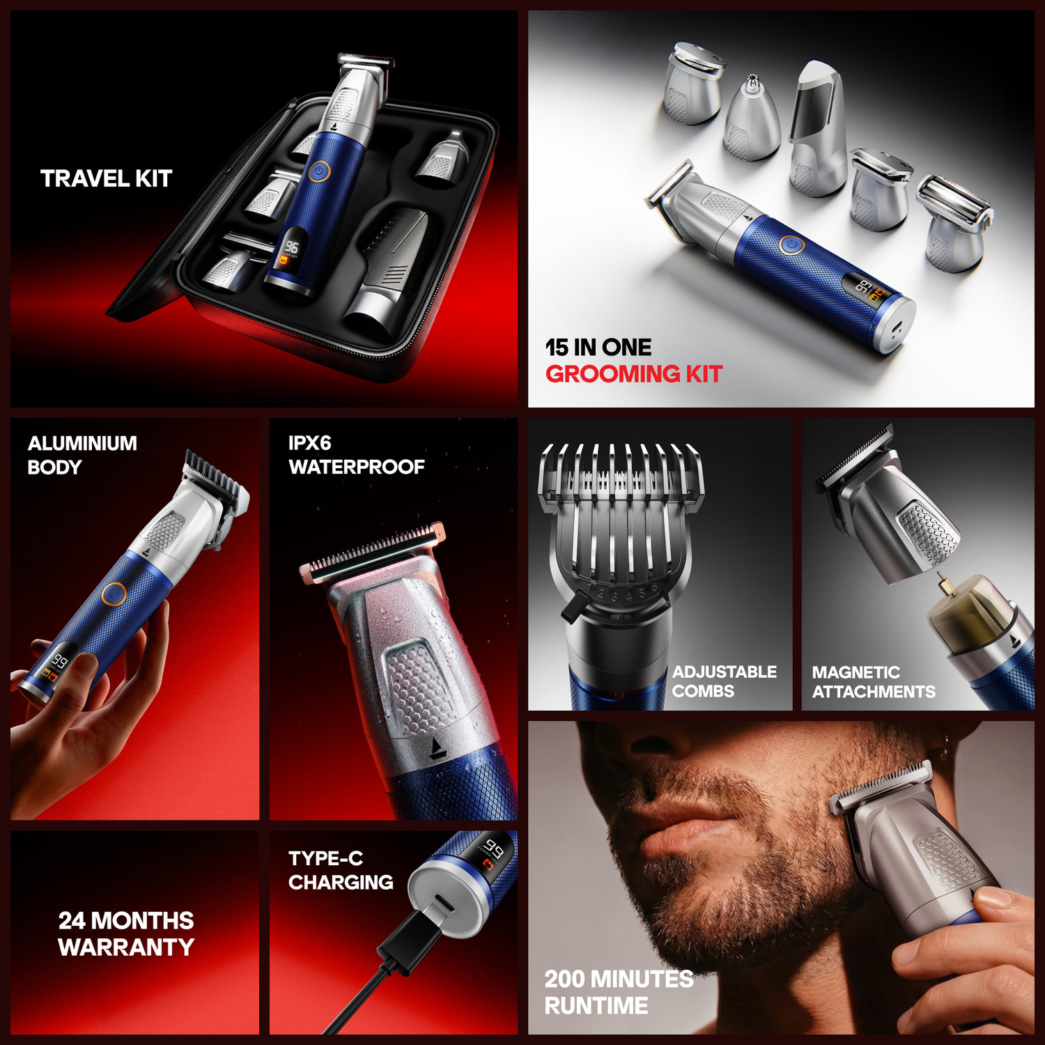 Image of boAt Slazer K100 Pro Travel Edition, Fast Charge 15 in 1 Full Body Fully Waterproof Grooming Kit 200 Mins Runtime 12 Length Settings