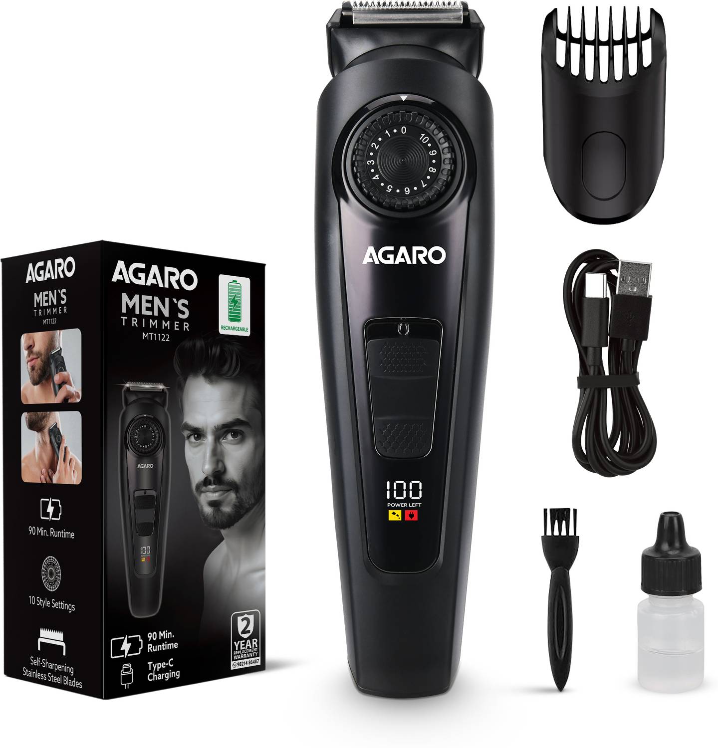 AGARO Beard Trimmer MT1122, 10 Length Settings, Digital Display, USB Rechargeable Trimmer 90 min  Runtime 10 Length Settings