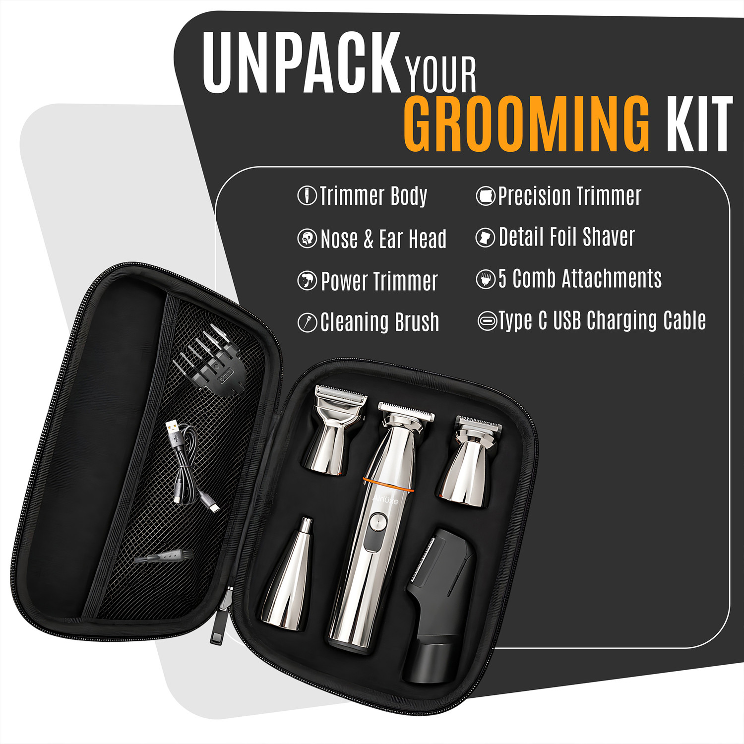 Image of AIRLUXE GroomMaster 12 in 1 Full Body Trimmer Set For Men Magnetic Heads Fast Charging Fully Waterproof Grooming Kit 90 min Runtime 3 Length Settings