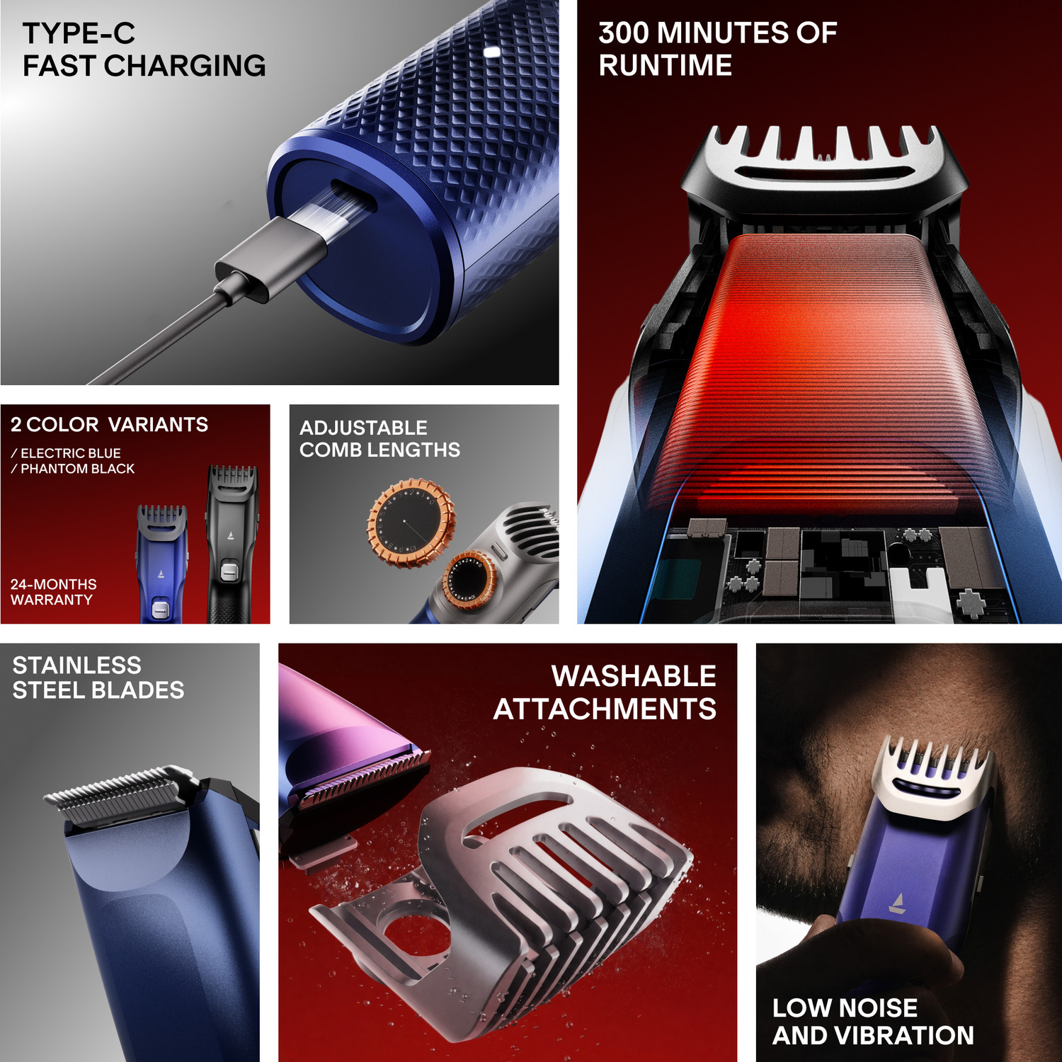 Image of boAt Slazer S100, Fast Charge, Metallic Finish, Adjustable Comb, Beard Fully Waterproof Trimmer 300 Mins Runtime 22 Length Settings