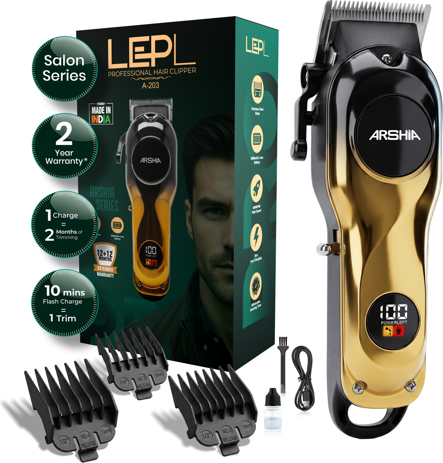 Image of LEPL A-203 Professional Salon Hair Clipper & Beard Trimmer 160 min Runtime 9 Length Settings