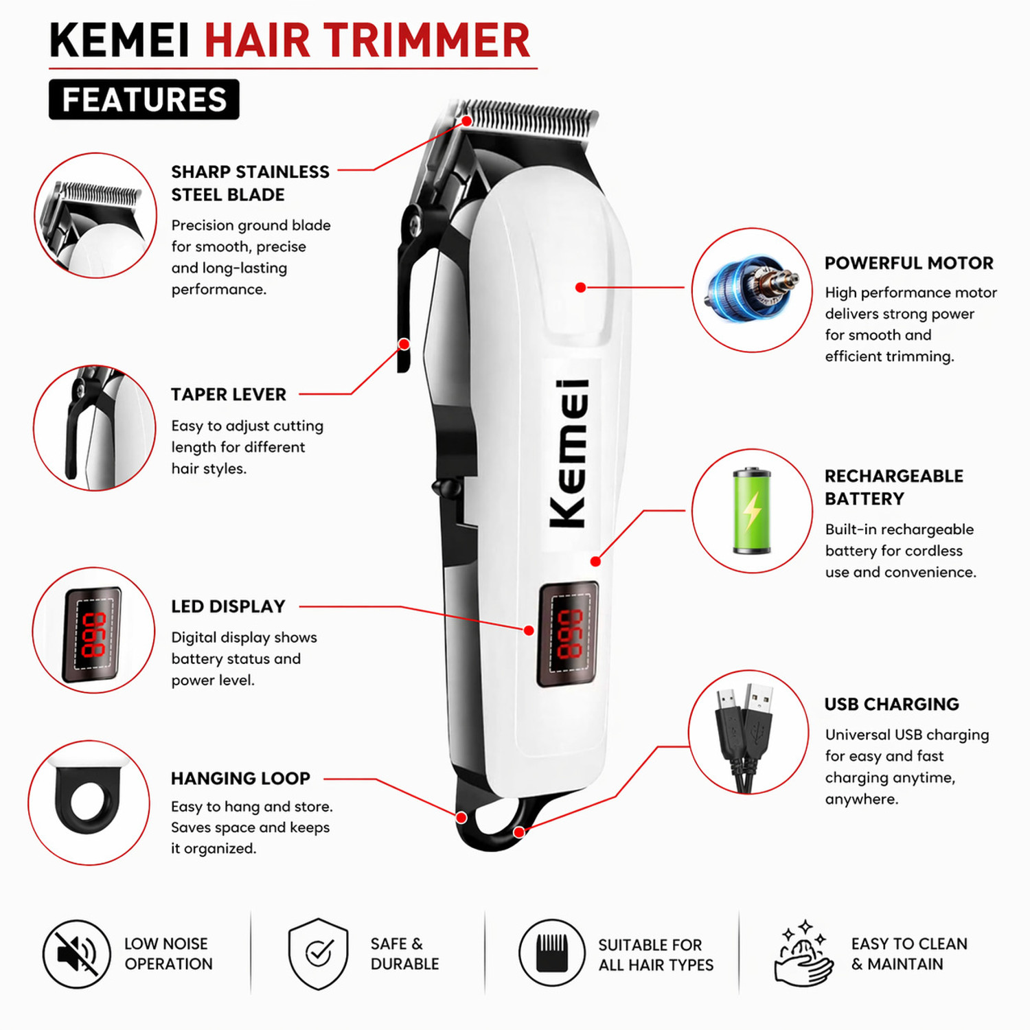 Image of SDMS Cordless Rechargeable Hair Trimmer for Men Trimmer 60 min Runtime 4 Length Settings