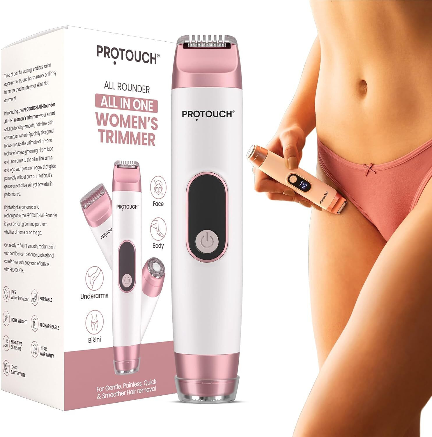PROTOUCH All-in-1 All Rounder Women's Epilator | Face, Body, Bikini & Underarms Trimmer 60 min  Runtime 5 Length Settings