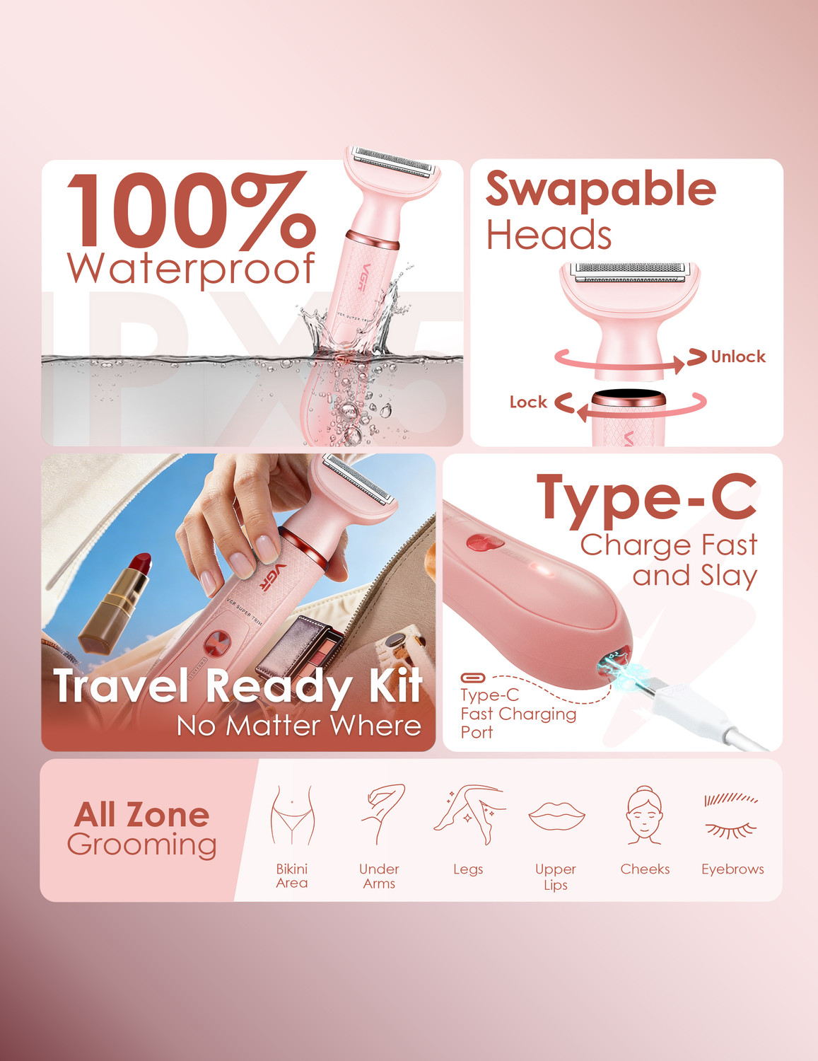 Image of VGR V-761 Female 4-in-1 Body Sensitive Bikini Fully Waterproof Trimmer 90 min Runtime 4 Length Settings