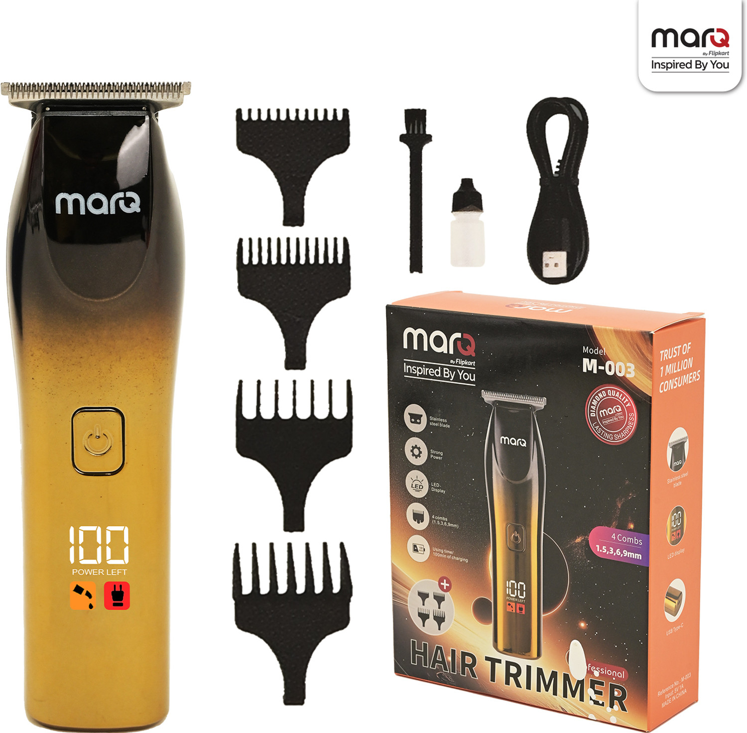 Image of MarQ by Flipkart M-003 Professional Hair Trimmer with LED Display Trimmer 100 min Runtime Trimmer 100 min Runtime 4 Length Settings