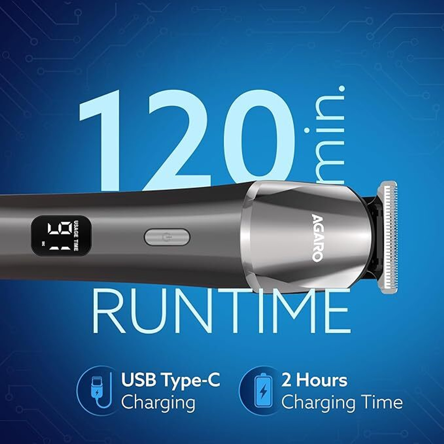 Image of AGARO Royal Beard Trimmer for Men, Cordless, Metal Body, 120 Min, Fast Charge Trimmer 120 min Runtime 4 Length Settings
