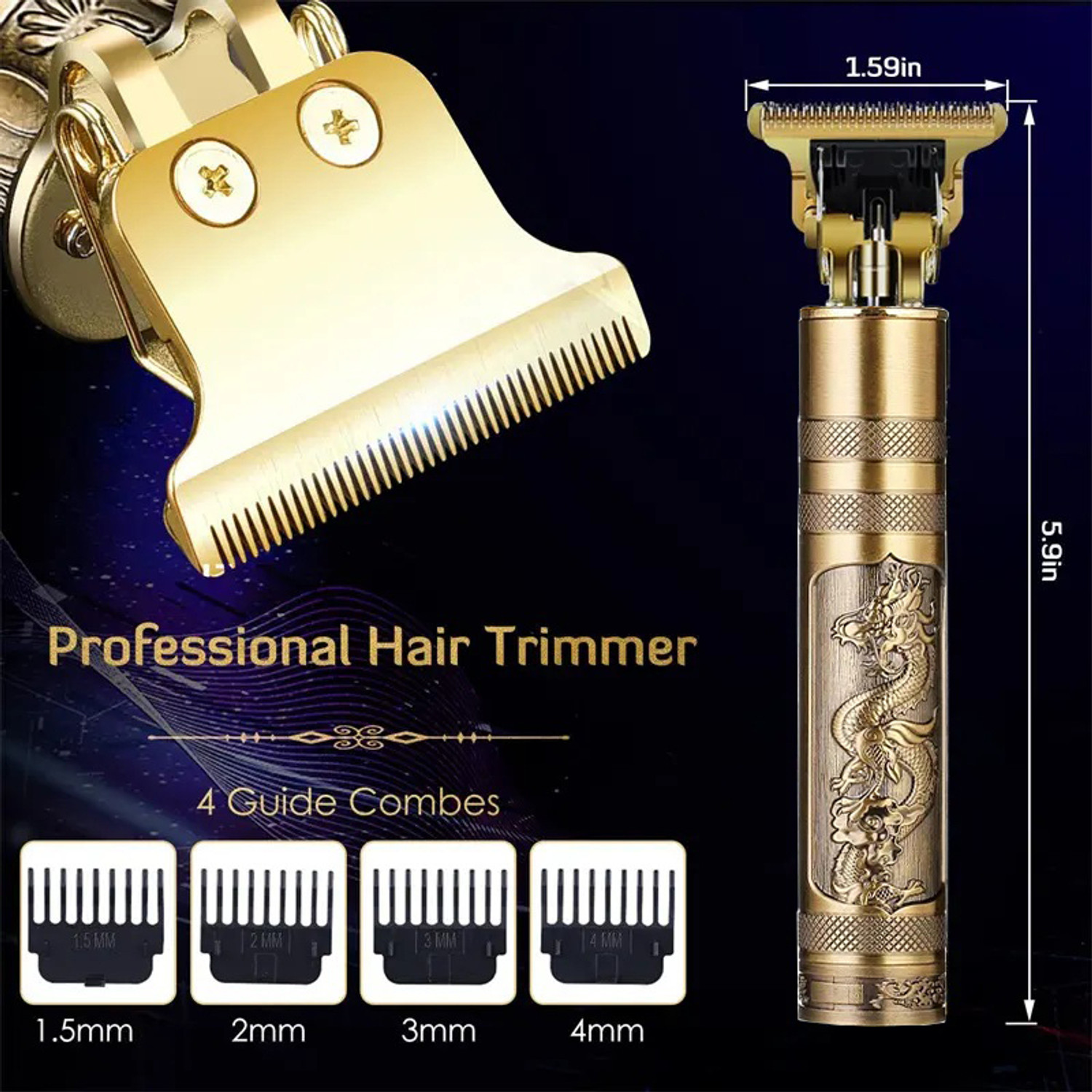 Image of GETTRADE T9 Vintage USB Rechargeable Cordless Electric Beard Trimmer Hair Clippers G37 Trimmer 60 min Runtime 4 Length Settings (Gold)