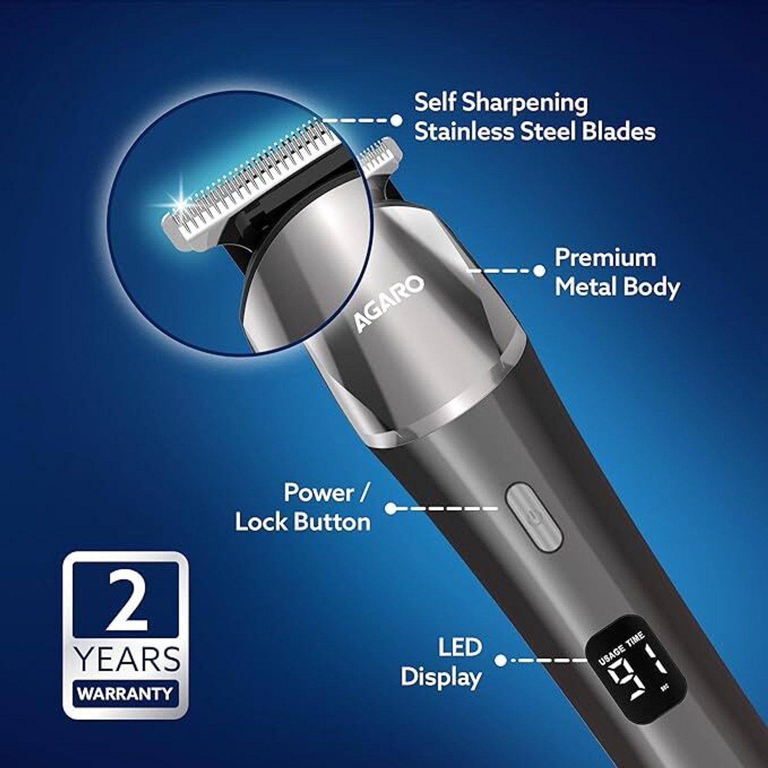 Image of AGARO Royal Beard Trimmer for Men, Cordless, Metal Body, 120 Min, Fast Charge Trimmer 120 min Runtime 4 Length Settings