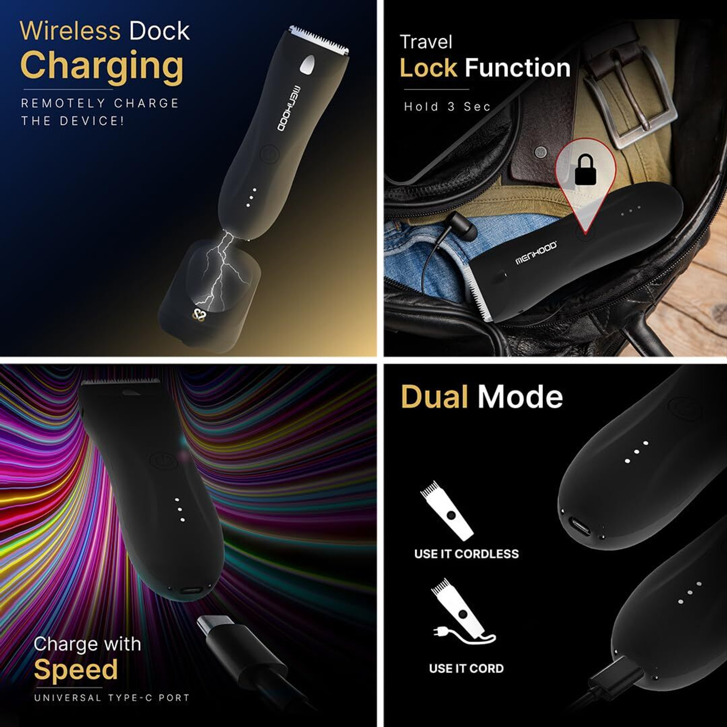 Image of MENHOOD Balls & Body Grooming Trimmer 1.0 Pro for Men IPX7, Waterproof Wireless Charging Fully Waterproof Trimmer 150 min Runtime 4 Length Settings