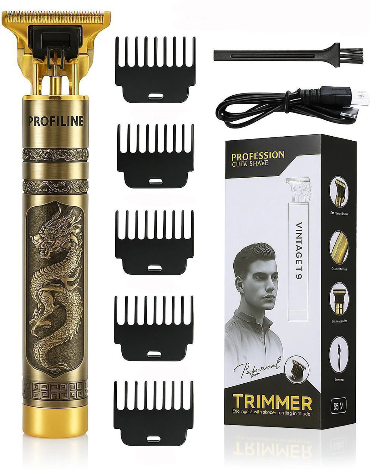 Image of Profiline Waterproof Vintage -T9 Hair Cutting Metal Body Trimmer USB charging 0mm Cutting Trimmer 60 min Runtime 4 Length Settings