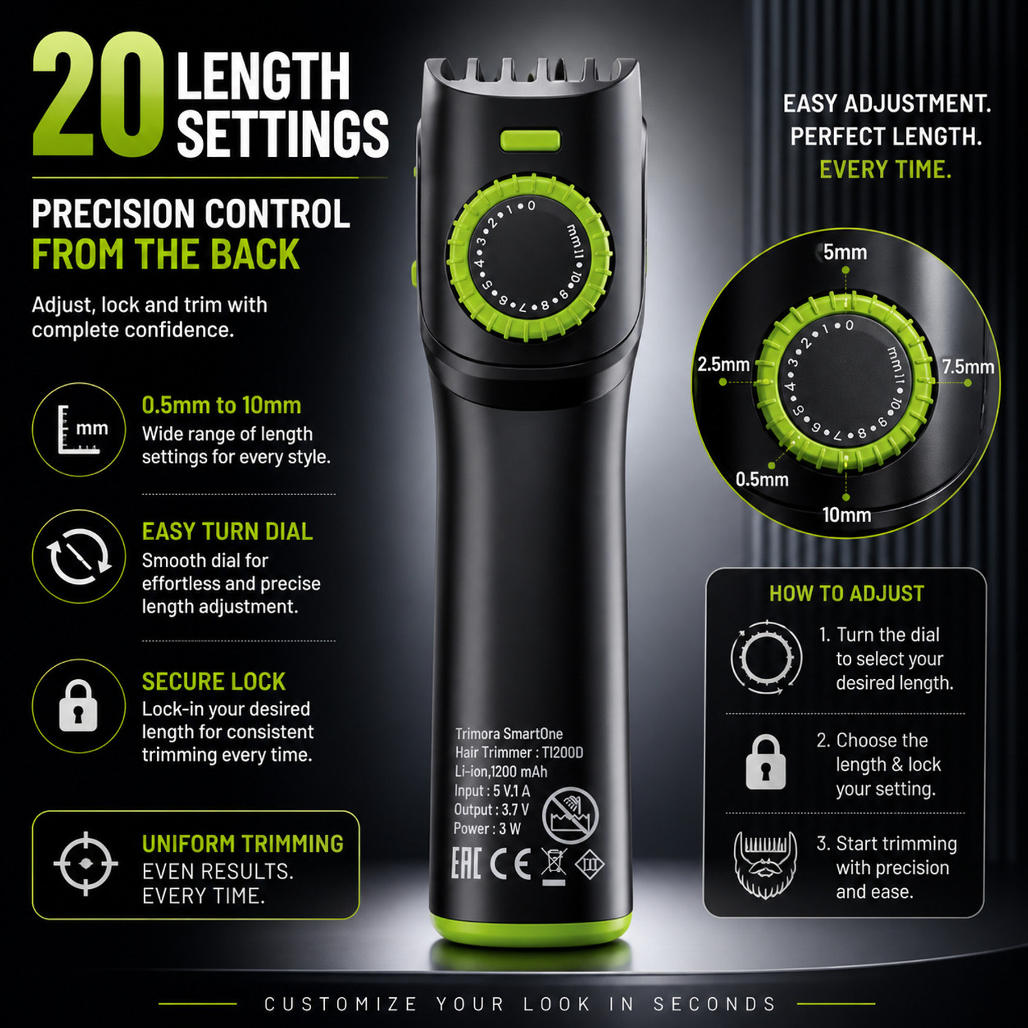 Image of TRIMORA 2IN1 SmartOne T1200D Fully Waterproof Trimmer 180 min Runtime 20 Length Settings