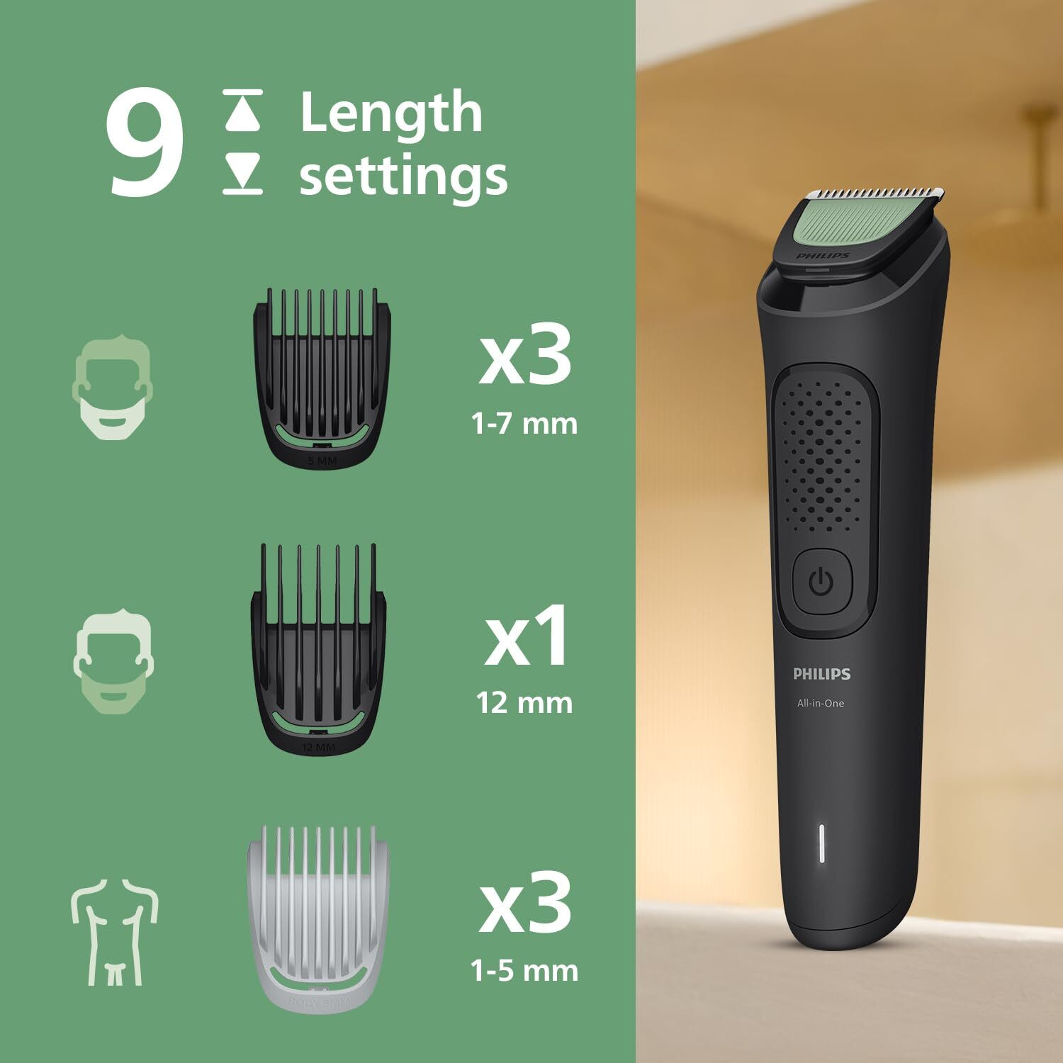Image of PHILIPS Beard, Hair, Body & Nose Trimmer | One Stroke Trimming Trimmer 59 min Runtime 5 Length Settings