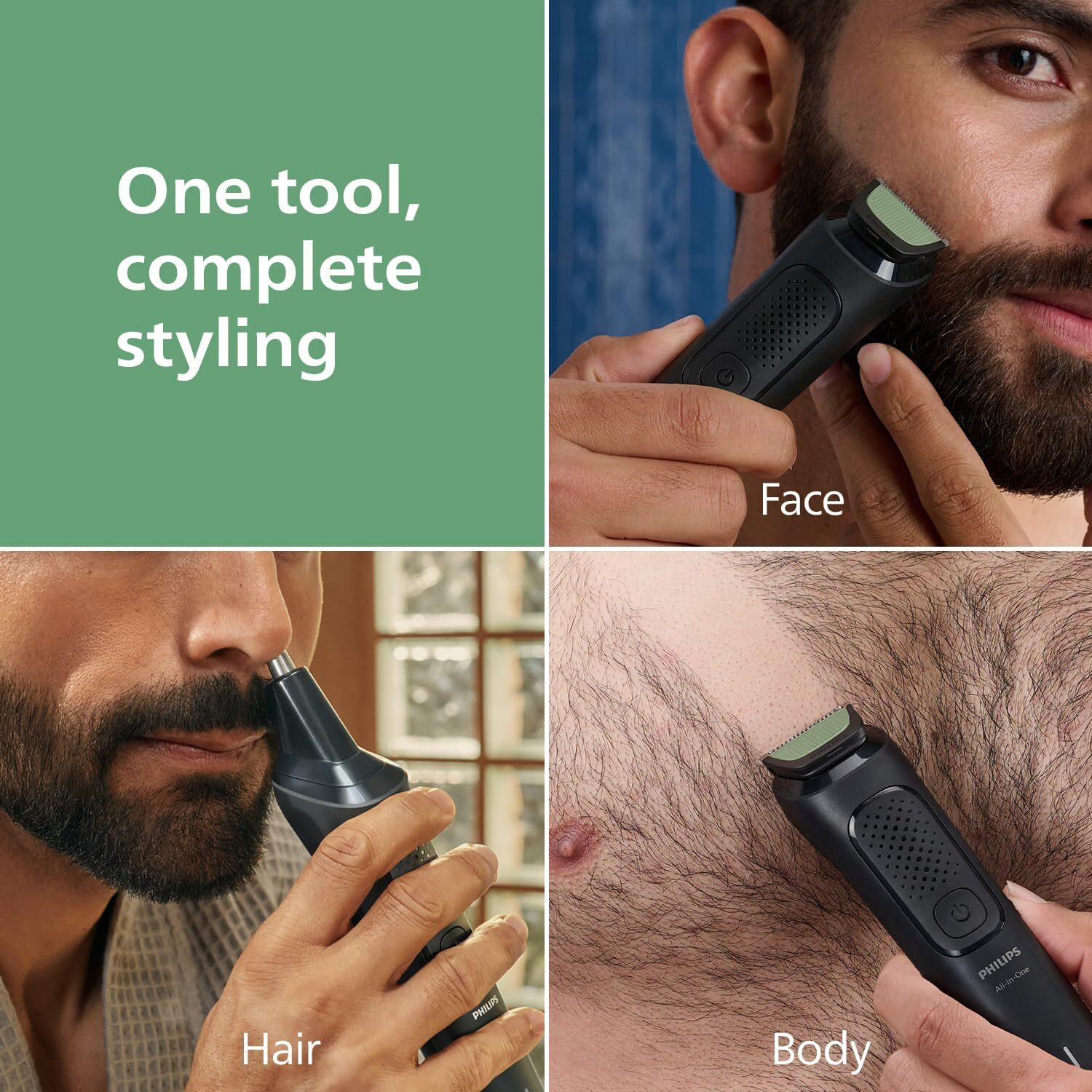 Image of PHILIPS Beard, Hair, Body & Nose Trimmer | One Stroke Trimming Trimmer 59 min Runtime 5 Length Settings
