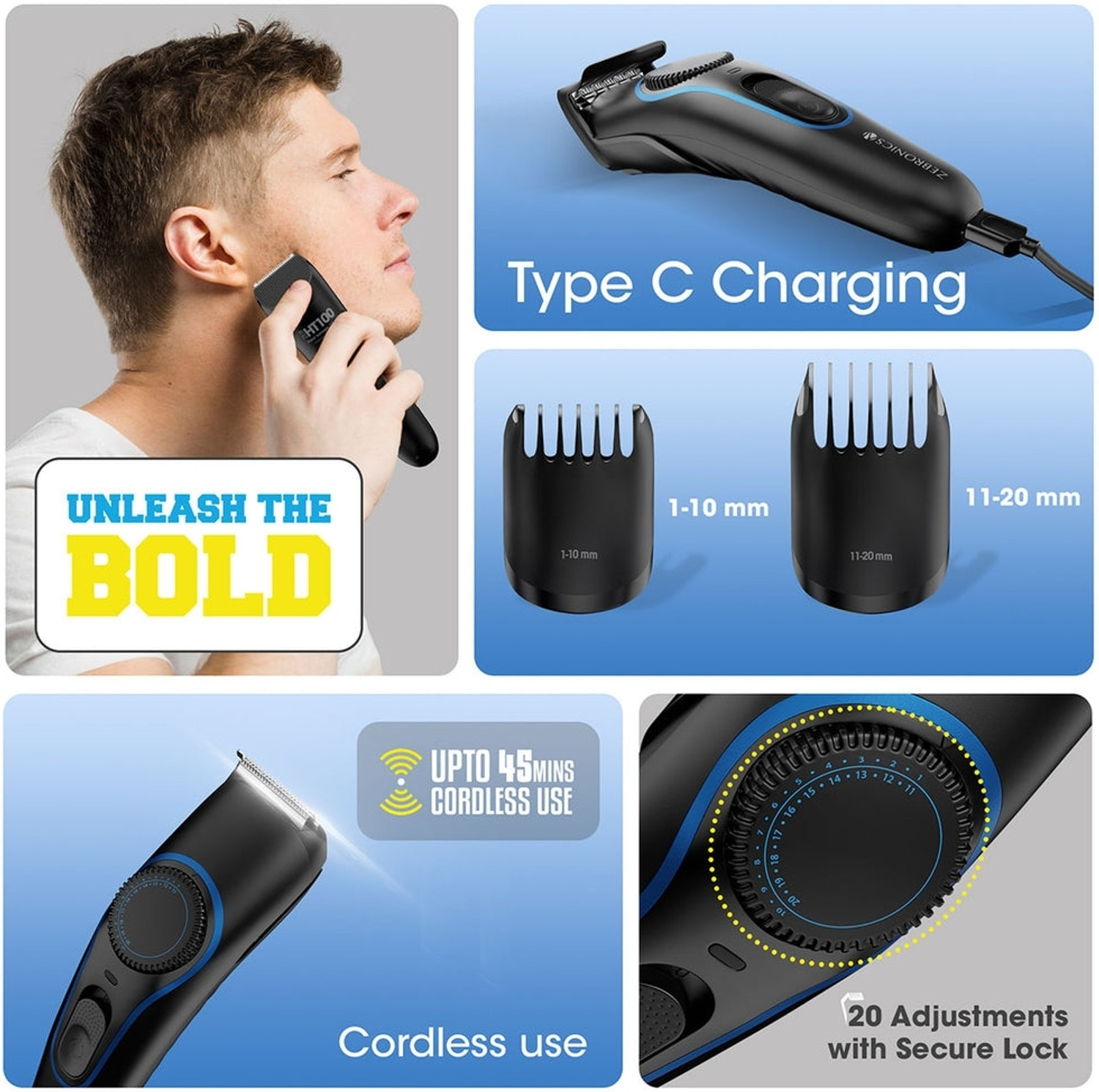 Image of ZEBRONICS Zeb HT100 Trimmer 45Min Cordless Use, 2 Guide Combs Trimmer 45 min Runtime 1 Length Settings