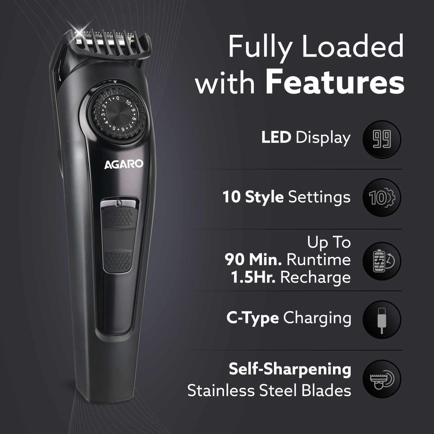 Image of AGARO Beard Trimmer MT1122, 10 Length Settings, Digital Display, USB Rechargeable Trimmer 90 min Runtime 10 Length Settings
