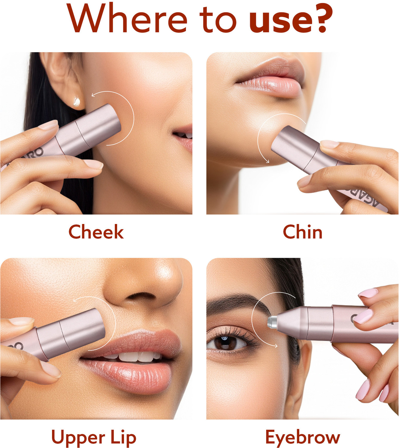 Image of AGARO Facial Hair Remover & Eyebrow Trimmer FHR190, Rose Gold, Rechargeable, Safe Trimmer 90 min Runtime 0 Length Settings